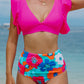 Rose V Neck Ruffles Floral Print High Waist Bikini