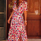 White Floral Print Short Sleeve Buttoned Split Maxi Dress