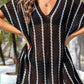 Black Striped Crochet Loose Fit V Neck Beach Cover Up