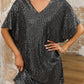 Dark Grey Sequin V Neck Dolman Sleeve Shift Dress