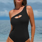 Black Ribbed One Shoulder Hollowed One Piece Swimsuit