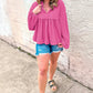 Bright Pink Corded Turn-down V Neck Bubble Sleeve Babydoll Blouse