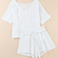 White Relaxed V Neck Blouse and Drawstring Raw Hem Shorts Set