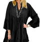 Black Chambray Ruffled 3/4 Sleeve Tiered Split V Neck Mini Dress