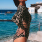 Leopard Print Zipper Cut-out Rash Guard Swimsuit