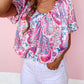 Paisley Pattern Print Puff Sleeve V Neck Blouse