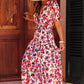 White Floral Print Short Sleeve Buttoned Split Maxi Dress