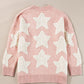 Pink Sherpa Star Pattern Textured Sweater Cardigan with Pockets