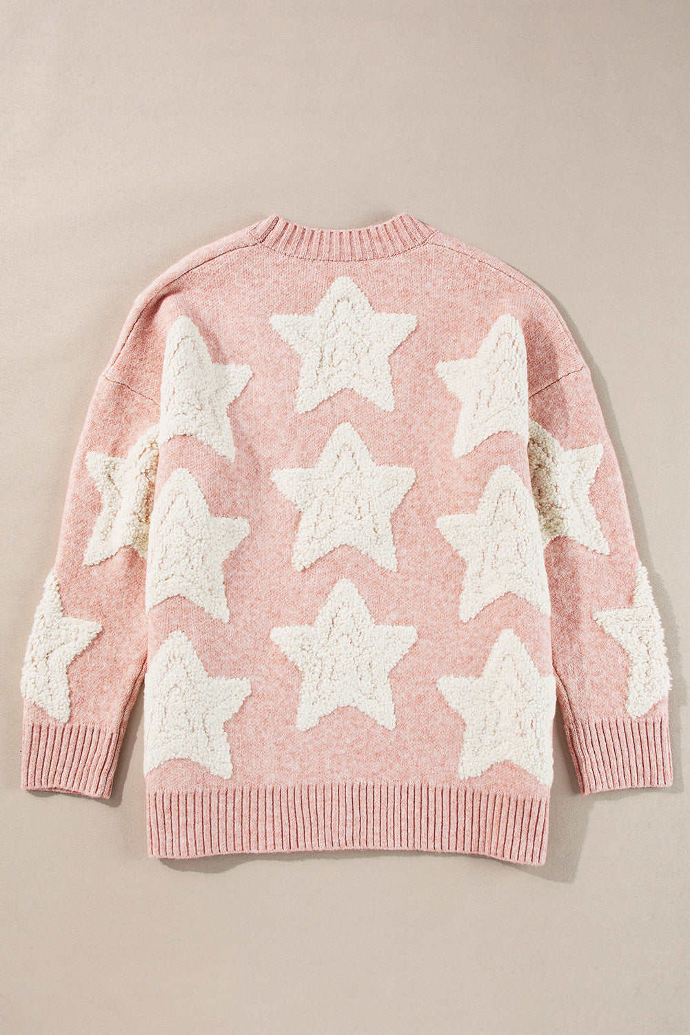 Pink Sherpa Star Pattern Textured Sweater Cardigan with Pockets