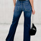 Blue Buttons Elastic Wide Waistband Back Flare Jeans