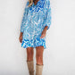 Sky Blue Bohemian Print Puff Sleeve Tied V Neck Flared Mini Dress