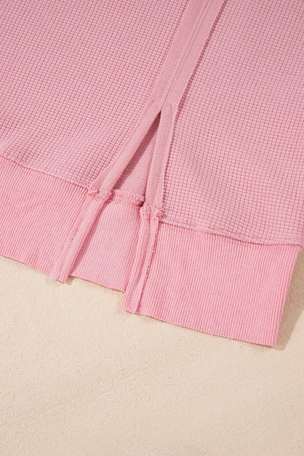 Pink Waffle Knit Bishop Sleeve Split Oversized Sweatshirt