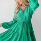 Sea Green Frilly V Neck Puff Sleeve Drawstring Shift Mini Dress