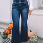 Blue Buttons Elastic Wide Waistband Back Flare Jeans