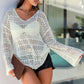 White Hollow Out Crochet V Neck Pullover Sweater