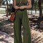 Moss Green Sleeveless V Neck Ruched Wide Leg Jumpsuit