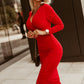 Fiery Red Long Sleeves Wrap V Neck Ruched Sheath Bodycon Dress