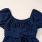 Navy Blue Swiss Dot Jacquard Puff Sleeve Crossover Tied Tiered Dress