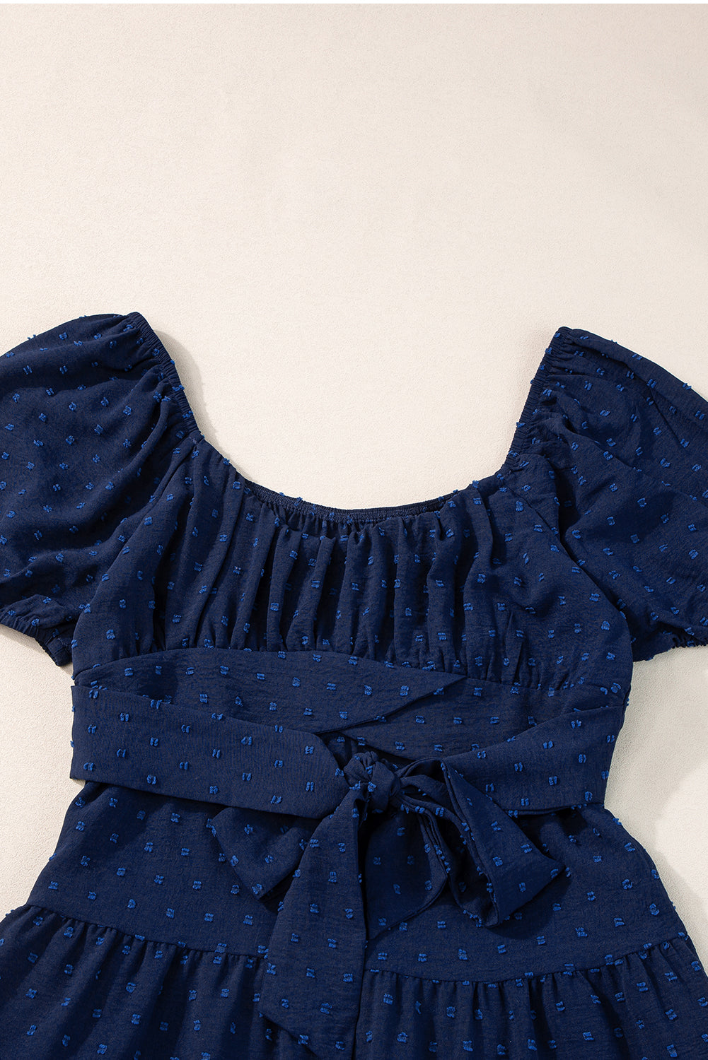 Navy Blue Swiss Dot Jacquard Puff Sleeve Crossover Tied Tiered Dress