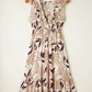 Brown Ruffled V Neck Leaves Print Long Dress