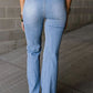 Light Blue Fly Button Exposed Seam Patched Pocket Flare Jeans