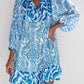 Sky Blue Bohemian Print Puff Sleeve Tied V Neck Flared Mini Dress