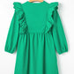 Bright Green Embroidered Ruffled Trim 3/4 Sleeve V Neck Mini Dress