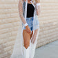 White Polka Dot Print Collared Buttoned Mesh Duster Kimono