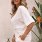 White Relaxed V Neck Blouse and Drawstring Raw Hem Shorts Set