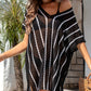 Black Striped Crochet Loose Fit V Neck Beach Cover Up