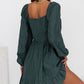 Green Ruched Square Neck Puff Sleeve Mini Dress