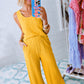 Yellow Crinkled U Neck Tank Top and Wide Leg Pants Set