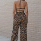 Leopard Print Halter Neck Backless Wide Leg Jumpsuit