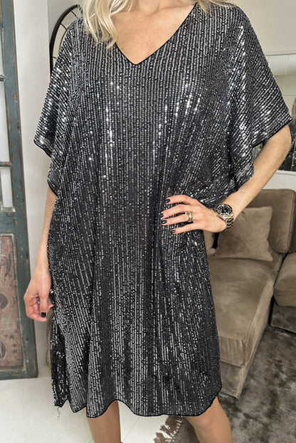 Dark Grey Sequin V Neck Dolman Sleeve Shift Dress