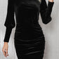 Black Velvet Puff Sleeve Ruched Bodycon Dress