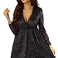 Black Glitter Mesh Overlay V Neck Long Sleeve Dress