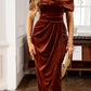 Chestnut Velvet Off Shoulder Pleated Wrap Evening Dress