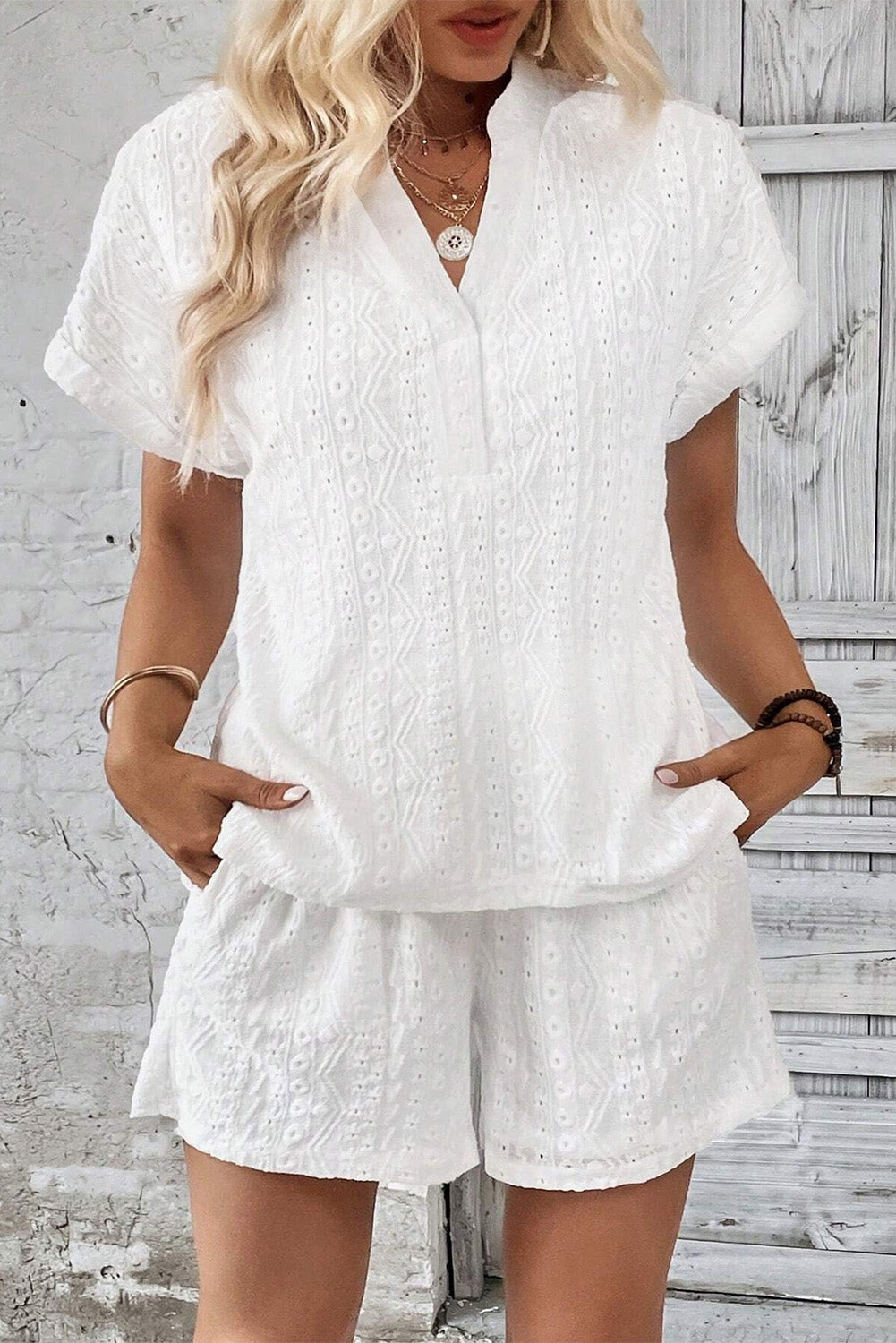 White Eyelet Patterned Textured Shorts Set