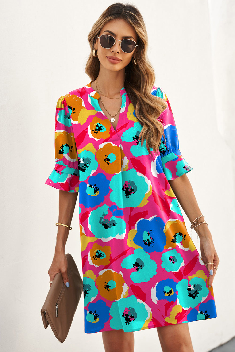 Rose Split V Collar Ruffle Sleeve Floral Shift Dress