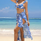 White 3pcs Flower Print Ruffled Bikini with Cover up