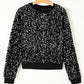 Black Sequined Long Sleeve Crew Neck Cropped Blouse