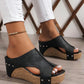 Black Hollow Out Studded PU Leather Wedge Slippers