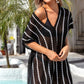 Black Striped Crochet Loose Fit V Neck Beach Cover Up