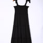 Black Tie Strap Smocked Frill Tiered Midi Dress