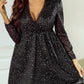 Black Glitter Mesh Overlay V Neck Long Sleeve Dress