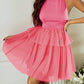 Strawberry Pink Gauze Ruffle Tiered Knotted Halter Dress