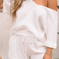 White Relaxed V Neck Blouse and Drawstring Raw Hem Shorts Set