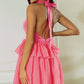 Strawberry Pink Gauze Ruffle Tiered Knotted Halter Dress