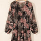 Black Vintage Floral Puff Sleeve V Neck Smock Waist Dress