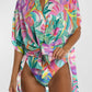 Multicolor Plant Print Button-up Half Sleeve Beach Cover Up